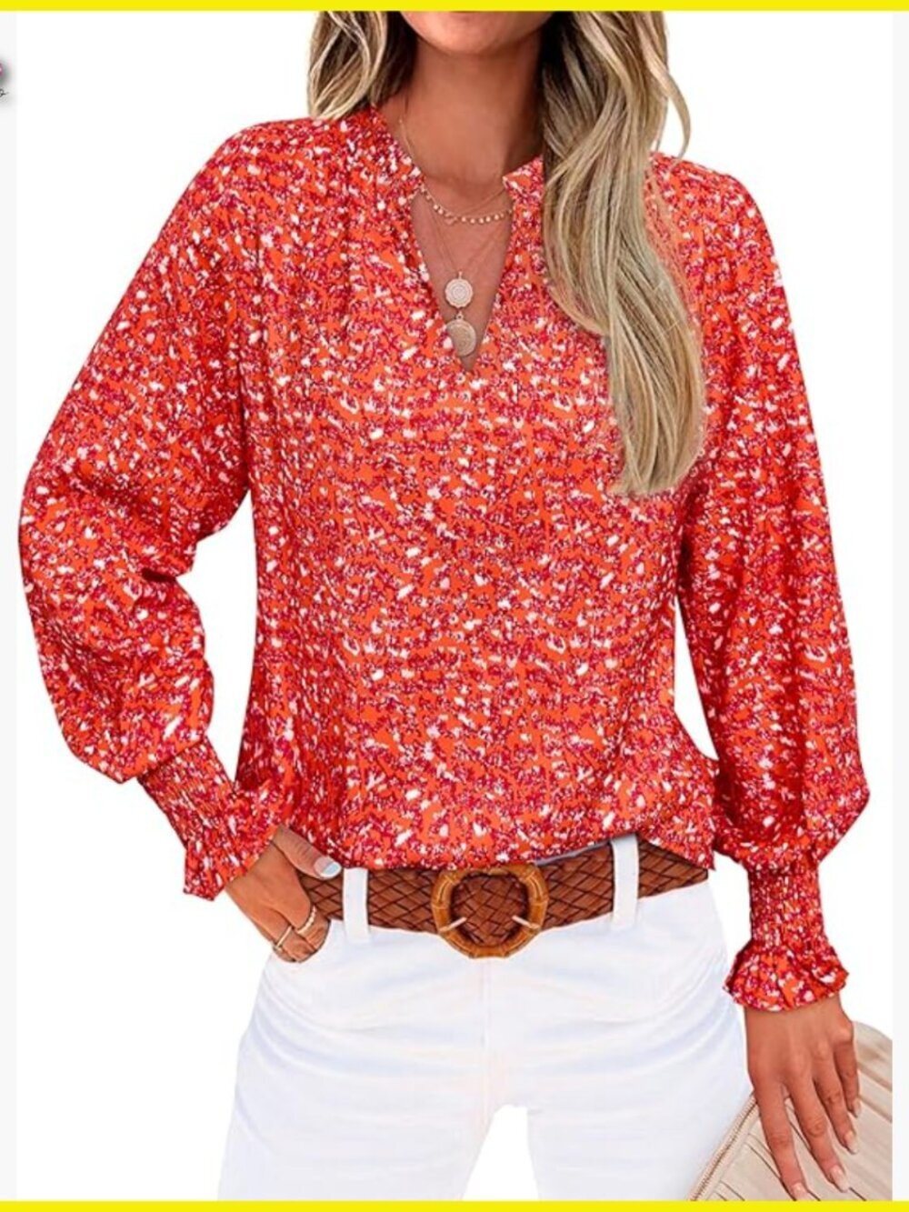 V-Neck Floral Long Sleeve Blouse Puff Sleeve Boho Chic Work Casual Elegant